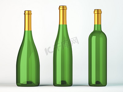 三个带有金色标签的绿色酒瓶