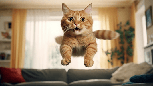 一只猫在客厅里跳起来
