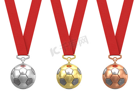 与红色丝带的金、银和古铜色足球