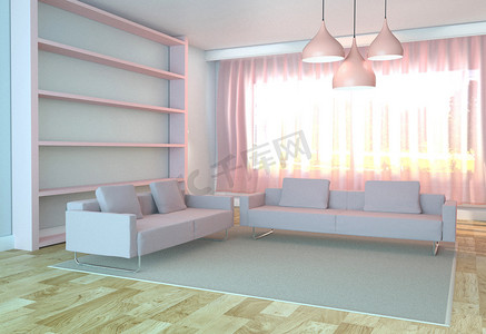 木质地板摄影照片_客厅内部配有沙发和地毯，粉红色风格，木质地板