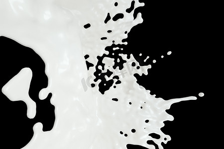 牛奶流动背景摄影照片_纯度溅牛奶黑色背景，3d 渲染。