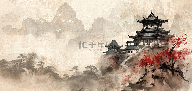 原宿风背景背景图片_中国风传统古典复古意境山水背景