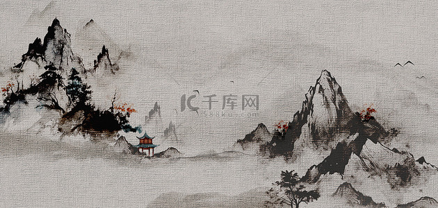 复古山水画背景图片_中国风水墨意境山水画背景