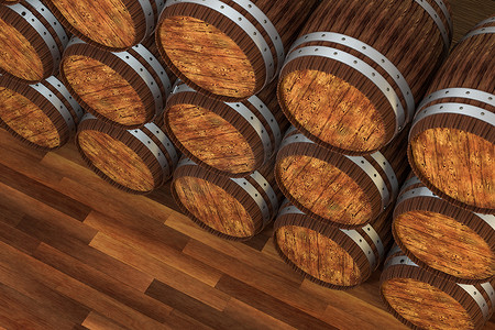 暖色背景摄影照片_具有暖色背景、3d 渲染的木制酒厂桶