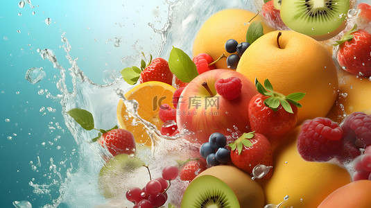 水果捞招牌背景图片_夏日清凉苹果草莓猕猴桃橙子水果水花背景