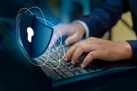 按键盘计算机上的输入按钮 Shield cyber Key lock security system 抽象技术世界数字链接网络安全高科技深蓝色背景，输入密码登录。锁定手指键盘