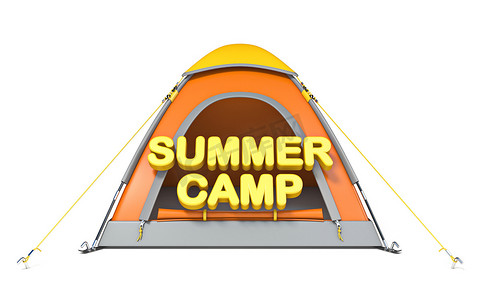 带有文本 SUMMER CAMP 3D 的橙色帐篷