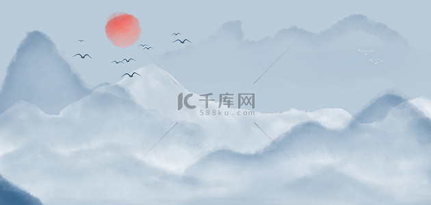 中国风简约水墨山水画夕阳云雾背景