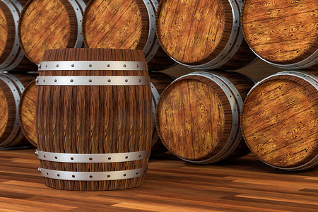 具有暖色背景、3d 渲染的木制酒厂桶