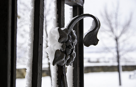 在寒冷的冬日充满雪的金属保护锻件的细节