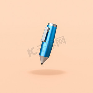 卡通文具摄影照片_橙色背景上的卡通蓝色金属笔
