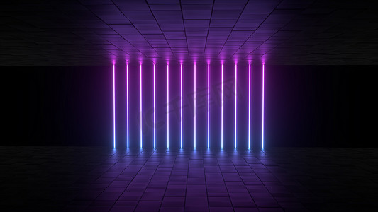 3d 抽象背景渲染，房间里的粉红色和蓝色霓虹灯，逆波和合成波插图。