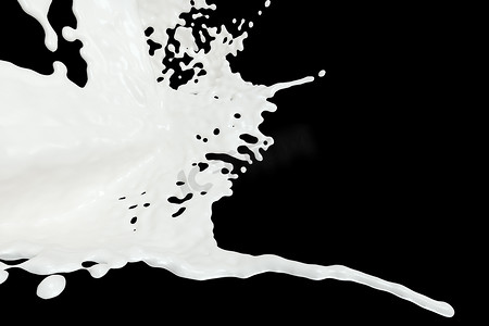 纯度溅牛奶黑色背景，3d 渲染。
