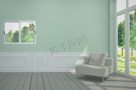 极简主义内饰，蓝色光墙上有白色椅子。 