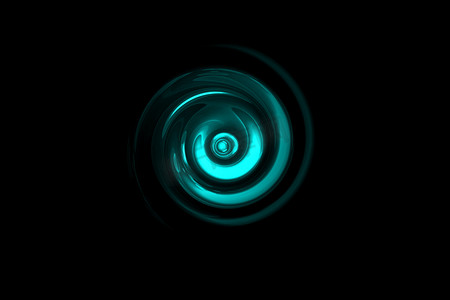 黑色背景、抽象背景上带光环的发光蓝绿色漩涡