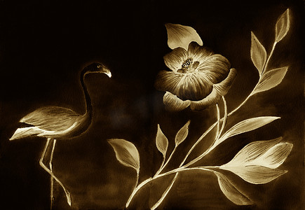 手绘火烈鸟摄影照片_“火烈鸟和热带花卉。单色插图。深色手绘艺术品。棕褐色、米色和棕色。”