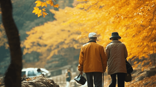 暖色调人物图像摄影照片_老年人户外徒步背影