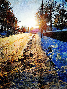 斯堪的纳维亚北部日落雪路的数字水彩风格
