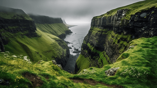 天气阴沉摄影照片_冰岛西部峡湾的绿色雾峭壁