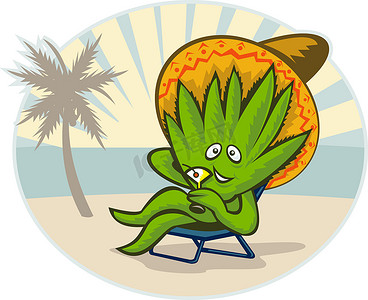 卡通大海摄影照片_龙舌兰植物卡通阔边帽帽子马提尼海滩