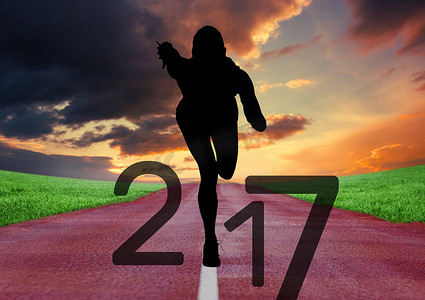 新年跑步摄影照片_跑步运动员剪影形成 2017 年新年标志 3D