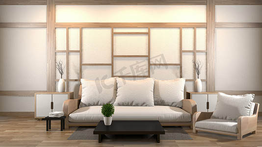 带矮桌、枕头、框架、灯的室内设计禅宗客厅