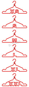 带尺码标志的金属丝布衣架 XS、S、M、L、XL 和 XXL 3D