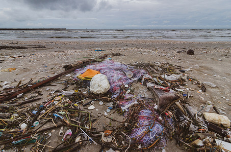 garbage the beach sea 塑料瓶躺在沙滩上，污染了大海和海洋生物的生命 洒在大城市沙滩上的垃圾。