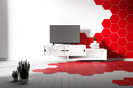 六边形瓷砖颜色为红色和白色的硬木地板 - 最小。 