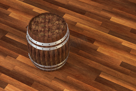 具有暖色背景、3d 渲染的木制酒厂桶