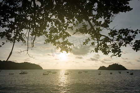 海滩的日落景色，有树木、船只和小岛的轮廓
