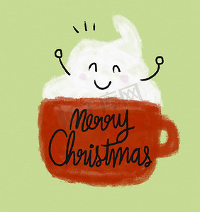 红色饮料海报摄影照片_圣诞快乐咖啡杯和笑脸水彩画插图