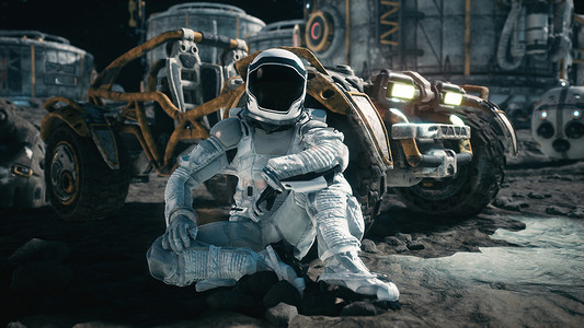 宇航员在他的月球车附近休息并欣赏这个星球。