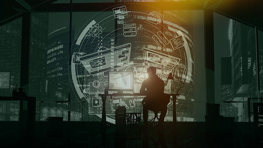Web 程序员在晚上的摩天大楼和信息图表的背景下。