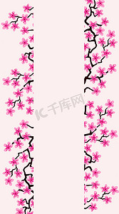 垂直横幅与盛开的樱花花。花卉婚礼邀请卡模板设计。Copyspace