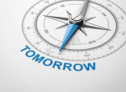 明天摄影照片_白色背景上的指南针，明天的概念