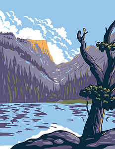 山海报摄影照片_位于科罗拉多州北部的落基山脉前线范围内的落基山国家公园的湖泊 WPA 海报艺术