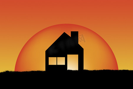 家在太阳背景上的剪影