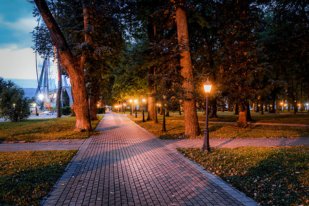 初秋时节，灯笼、石板路、树木、落叶和长椅点亮的夜间公园。