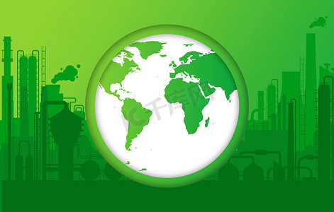 绿色地球与工业厂房制造、工厂轮廓外观、天然气、带管道系统的氦气工厂和建筑物轮廓、制造过程说明。