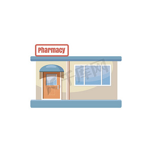 药房药店建筑图标，卡通风格