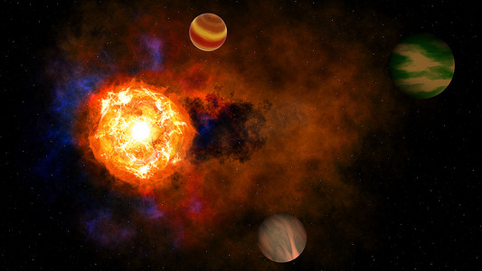 一个色彩缤纷的太阳系，拥有三颗绕太阳公转的行星。