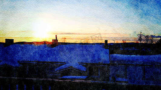 从斯堪的纳维亚北部的屋顶上看到的冬季日落的数字水彩风格