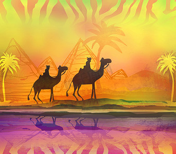 骆驼火车在穿越撒哈拉沙漠的彩色天空中映衬