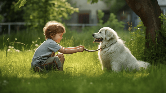 一个孩子在草坪上和狗玩耍