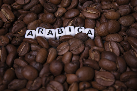 能量方块摄影照片_靠近用白色小方块写的 ARABICA 字样的新鲜烘焙咖啡豆的特写。