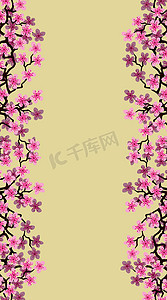 垂直花卉问候横幅与美丽的粉红色花朵分支樱花。明信片适合婚礼邀请，母亲，妇女节。黄色背景与复制空间在盛开的樱桃树枝上
