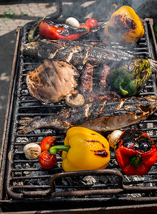 烧烤各种红、黄、绿辣椒、蘑菇和鳟鱼