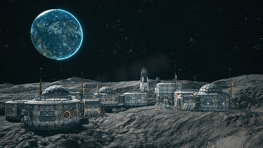 外行星、太空殖民地或月球基地的表面视图，附近有宇宙飞船。 