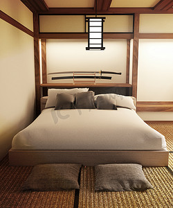 日本卧室内部有灯武士刀和枕头。 